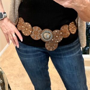 Genuine Leather Boho Western Round Disc Brown with Silver Hardware Belt - LG